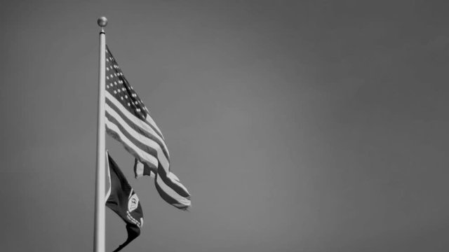 An American flag flowing with a Vietnam POW MIA Flag - Black and White Version