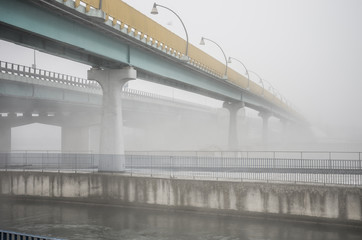 Naklejka premium bridge over Vistula river in Krakow in heavy fog.