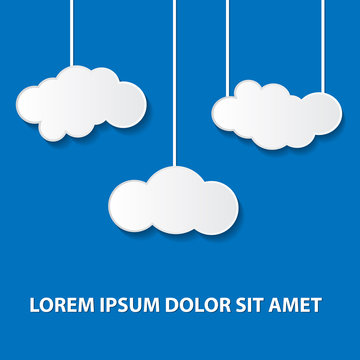Vector illustration. Three white clouds on ropes on blue background and place for text