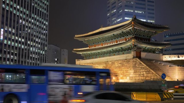 Night traffic in Seoul. Sungnyemun gate (Namdaemun) in Seoul, Korea after sunset
