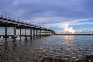 Rickenbacker Causeway Bridge that connects Miami to Key Biscayne and Virginia Key. Blue sky, skyline, ocean. Miami. Florida. USA