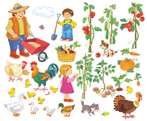 At the farm. Set of cute domestic animals and garden elements. Illustration for children. Funny cartoon characters isolated on white