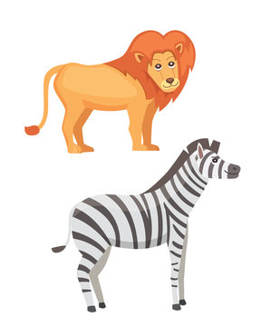 African animals cartoon vector set. lion and zebra safari isolated illustration