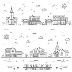 Neighborhood with homes and churches illustrated on white.