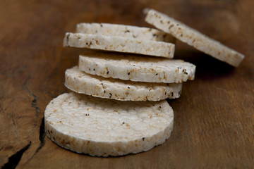 Rice cookies. Round rice cookies on wooden table.