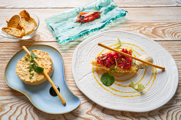 potato salad Steak tartare and Anchovies Tapas