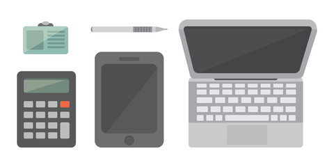 Workplace with mobile devices and documents. Office personal and Business Icons vector set. work table with gadget laptop flat illustration