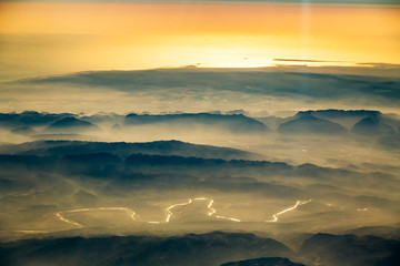 Aerial view from air plane of desert mountains