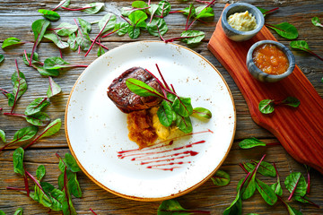 Veal sirloin, mashed potatoes chards and shallots