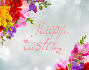 yellow, red, pink and blue freesia flowers frame over blue background with happy easter greetings