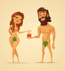 Adam and Eve characters. Woman offer apple to man. Vector flat cartoon illustration - obrazy, fototapety, plakaty