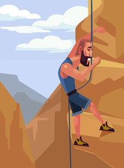 Happy smiling man character climbing on the rock. Extreme sport. Vector flat cartoon illustration