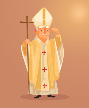 Happy smiling catholic priest mascot character dressed in white gold clothes. Vector flat cartoon illustration