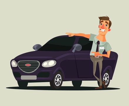 Happy Smiling Car Dealer Seller Man Character Showing New Car. Vector Flat Cartoon Illustration