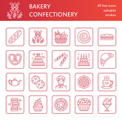 Bakery, confectionery line icons. Sweet shop products cake, croissant, muffin, pastry cupcake, pie Food thin linear signs.