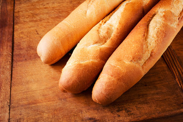Assortment of baked French baguettes 
