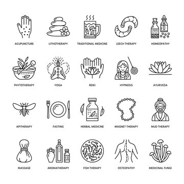 Alternative medicine line icons. Naturopathy, traditional treatment, homeopathy, osteopathy, herbal fish and leech therapy. Thin linear signs for health care center.