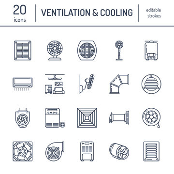 Ventilation equipment line icons. Air conditioning, cooling appliances, exhaust fan. Household and industrial ventilator thin linear signs for store.