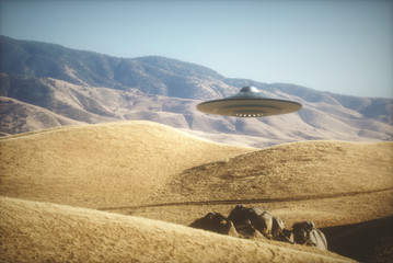 UFO - Unidentified Flying Object. Alien space ship flying on planet Earth. © ktsdesign