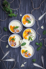 Homemade dessert panna cotta with mango sauce, physalis, white chocolate, mint and chocolate on a...