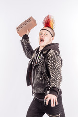 man with brick in his hands on white background.