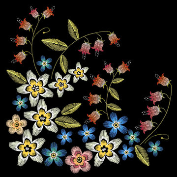 Beautiful camomiles, cornflowers, classical embroidery on black background, fashionable template for design of clothes