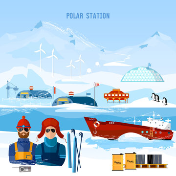 Travel to Antarctica concept. Scientific station on North Pole. Arctic and Antarctic tourism