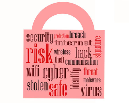 Jpeg illustration of a word cloud within a padlock shape. Cyber security is the theme. Shades of red on white background