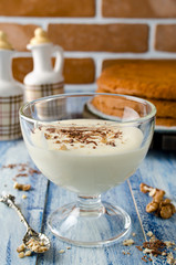 Yogurt cream for cake with chocolate and nut crumbs.