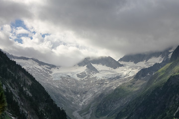 Glacier on Hochfeiler mountain during sunrise at lake Schlegeisstausee reservoir in Zillertal Alps near village Mayrhofen in Austria Tirol Tyrol landscape nature