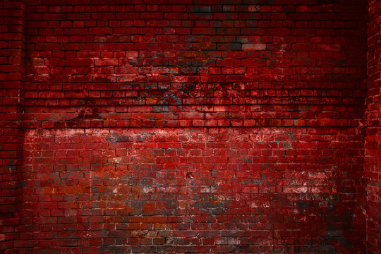 The red brick wall. Free space. Vintage brick surface. Old grunge background. Design art background
