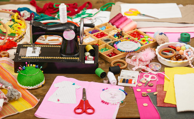sewing accessories top view, seamstress workplace, many object for needlework, embroidery, handmade and handicraft