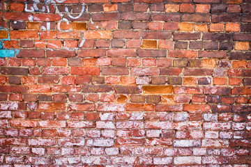 Old brick wall, old texture of red stone blocks closeup