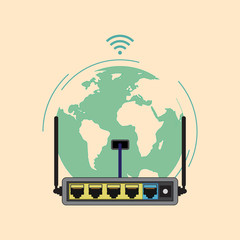 Wi-Fi router
The router is on the background of the globe. Connect via Wi Fi. Vector icon in flat style.