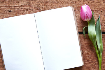 opened notebook and violet tulip space for ideas