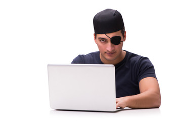 Digital security concept with pirate isolated on white