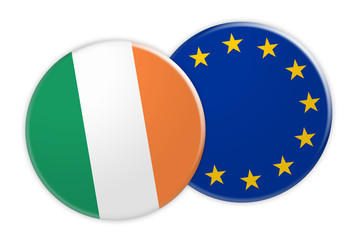 News Concept: Ireland Flag Button On EU Flag Button, 3d illustration on white background