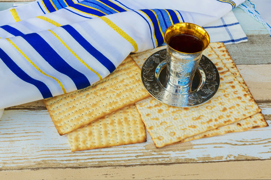 Still-life with wine and matzoh jewish passover bread