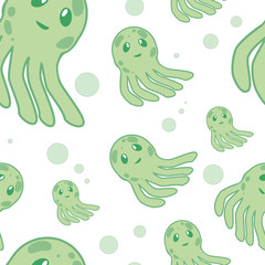 Cute happy jellyfish cartoon character seamless pattern sea animal vector illustration. Nature animal aquatic medusa, aquarium tropical marine.