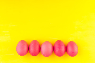 Colored easter eggs and willow on colored background