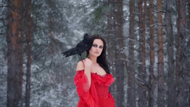 Beautiful girl with raven mystical in winter forest