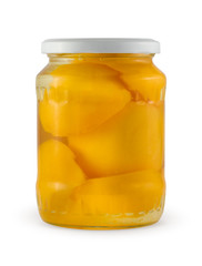 Peach jam in glass jar isolated with clipping path.