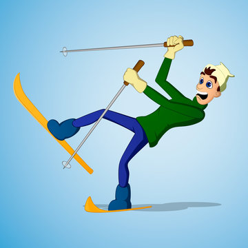 Young man falling while skiing