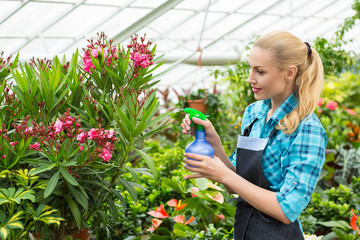 Woman watering plants at the greenhouse