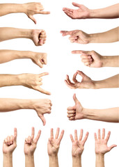 Multiple male caucasian hand gestures isolated over the white background