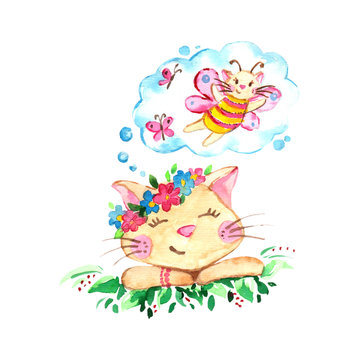 Watercolor romantic dreaming cat on the meadow isolated on white background.