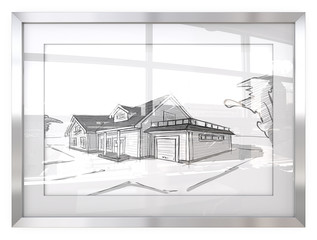 Contrast. Picture Frame with Architectural house sketches.Generic building. Reflective Glass with Cityscape view. 3D render. 