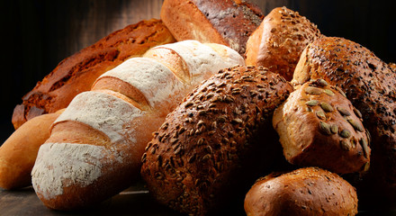 Composition with variety of baking products on wooden table
