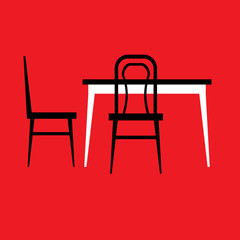 White table and black chairs on red background, icon, vector illustration 