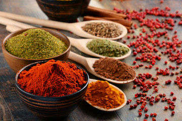 Variety of spices on kitchen table